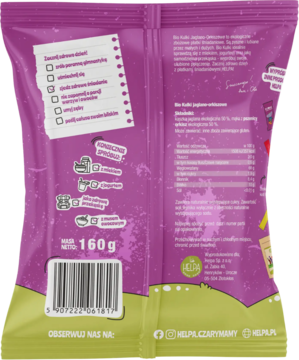 Tył fioletowo-zielonej paczki BIO Kulki Jaglano-Orkiszowe z tabelą wartości odżywczych i kodem kreskowym.