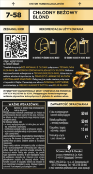 Farba do włosów SYOSS Oleo Intense 7-58 Chłodny Beżowy Blond, przód opakowania, złoto-czarne z QR kodem.