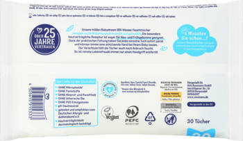 Tył opakowania chusteczek 99% wody, 30 sztuk, biodegradowalnych, bez plastiku, pH neutralne, w niebiesko-białej paczce.