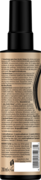 Tył czarnej butelki Syoss spray termoochronny Keratin & Volume z beżową etykietą, tekstem po polsku i kodem kreskowym.