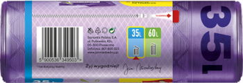 Fioletowe opakowanie worków na śmieci Magnum Flex & Strong 35L, lawenda, widok z boku z kodem kreskowym.