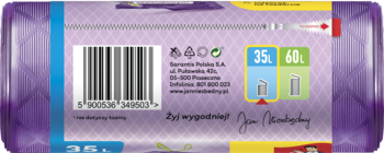 Tył fioletowego opakowania lawendowych worków na śmieci Magnum Flex & Strong, widoczne pojemności 35 L i 60 L.