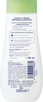 Tył butelki szamponu z odżywką HiPP Babysanft Sensitive 200 ml, widoczne polskie opisy i skład.