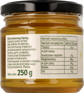 Tył słoika miodu lipowego 250 g z etykietą, widoczne dane odżywcze i skład w języku polskim.