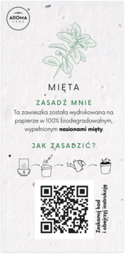 Biodegradowalna zawieszka Aroma Home z nasionami mięty, ilustracją, instrukcją sadzenia i kodem QR.