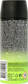 Tył zielono-czarnego dezodorantu AXE Epic Fresh 150ml w sprayu z kodem, listą składników i ostrzeżeniami.