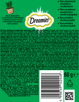 Tył zielonej paczki przysmaków Dreamies Catnip dla kotów, z wielojęzycznym opisem składu i kodem kreskowym.
