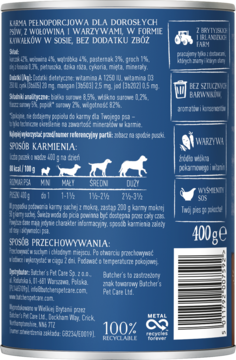 Tył niebieskiej puszki karmy dla dorosłych psów Butcher's. Etykieta ze składnikami (wołowina, warzywa), bez zbóż, 400g.