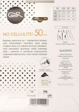 Tył opakowania rajstop Gatta 50 den z tekstem 'NO CELLULITE!' oraz opisem mikrofibry i działania przeciw cellulitowi.