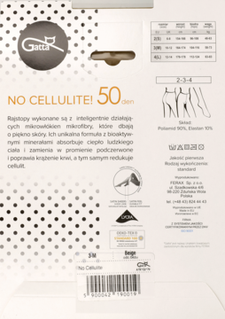 Tył opakowania rajstop Gatta No Cellulite 50 den, z opisem właściwości mikrofibry i tabelą rozmiarów.
