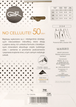 Tył opakowania beżowych rajstop Gatta No Cellulite! 50 den z opisem działania mikrowłókien i redukcji cellulitu.