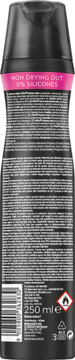 Tył czarnej butelki lakieru NIVEA Extreme Hold 250 ml z różowym paskiem "0% Silikonów", z tekstem.