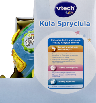 Vtech Baby Kula Spryciula w otwartym pudełku, widać kolorową interaktywną kulę i panel opakowania.