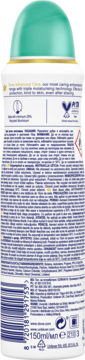 Tył białego antyperspirantu Dove Advanced Care Pear & Aloe Vera 150ml z zieloną nakrętką i etykietą.