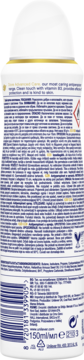 Tył białego antyperspirantu Dove Advanced Care Help Restore w sprayu, z żółtym paskiem, tekst i kod.