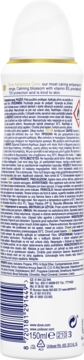 Biały antyperspirant Dove Advanced Care 72h, 150ml, tył butelki z etykietą i kodem kreskowym.