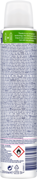 Tył białego antyperspirantu Rexona w sprayu, zielona etykieta, widoczne instrukcje, symbol łatwopalności.