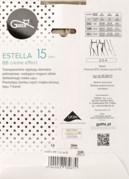 Tył opakowania rajstop Gatta Estella 15 den BB creme effect, z opisem półmatowych rajstop i tabelą rozmiarów.