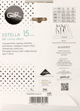 Gatta Estella 15 den BB creme effect, tył opakowania rajstop z opisem makeup efektu i tabelą rozmiarów.