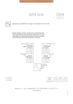 Ulotka informacyjna rajstop modelujących Super Talia 220TEX z wysokim stanem, białe tło, czarny tekst i rysunki.