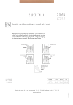 Biały diagram informacyjny rajstop modelujących ZODEN 22DTEX, ukazujący cechy: super talia, płaski szew, wzmocnienia.