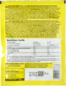 Tył żółtej saszetki Olimp Whey Protein Complex 100% o smaku ciasteczkowym z tabelą wartości odżywczych.