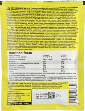 Tylna strona żółtej saszetki Whey Protein Complex 100% wanilia, z danymi odżywczymi i kodem kreskowym.