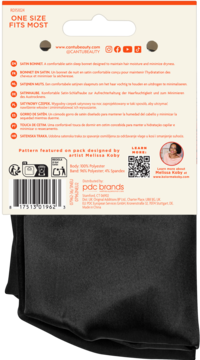 Tył pomarańczowo-białego opakowania czarnego satynowego czepka do włosów z opisem i kodem kreskowym.