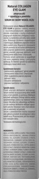Tył srebrnego opakowania serum Natural COLLAGEN EYE GLAM na zmarszczki, z opisem i składnikami.