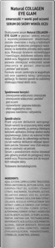 Tył szarego opakowania serum Natural COLLAGEN EYE GLAM z opisem, zastosowaniem i pełnym składem.
