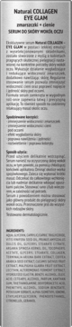 Tył szarego opakowania serum Natural COLLAGEN EYE GLAM na zmarszczki i cienie, z opisem i składem.