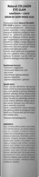 Natural Collagen Eye Glam serum pod oczy. Tył opakowania z listą składników i opisem użycia.