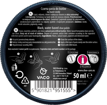 Widok od góry czarnej, okrągłej pasty do butów VACO 50ml, z etykietą, tekstem i piktogramami użycia.