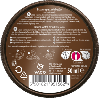 Widok z góry: tył okrągłego opakowania brązowej pasty do butów VACO na bazie wody z tekstami i ikonami użycia.
