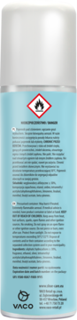 Niebieski dezodorant do butów Emu, tył puszki z etykietą ostrzegawczą i piktogramem łatwopalności.