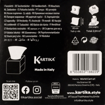 Tył czarnego opakowania chusteczek Kartika Mandala Black&White, 3-warstwowe, 56 listków, z kodem kreskowym.
