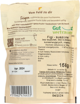 Tył jasnego opakowania miękkich suszonych fig Farmer's Snack 150g z widocznym terminem ważności.