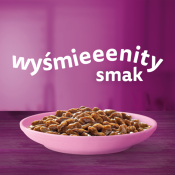 Zbliżenie różowej miski z mokrą karmą dla kociąt o smaku wołowiny i kurczaka. Nad miską napis 'wyśmieeeenity smak'.