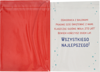 Dziecięcy karnet urodzinowy dla 8-latka, czerwony, częściowo zafoliowany, z życzeniami po polsku.