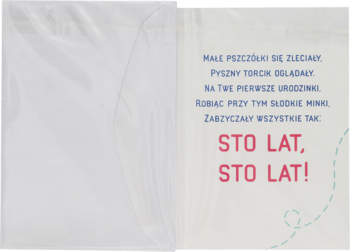 Otwarty karnet urodzinowy dla dzieci, z życzeniami "STO LAT!" w czerwonym kolorze na białej stronie prawej.