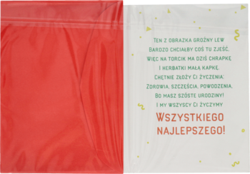 Otwarty karnet urodzinowy dla dzieci, z wierszykiem i "WSZYSTKIEGO NAJLEPSZEGO!" na białym tle, w czerwonym opakowaniu.