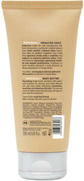 Tył beżowej tuby odżywczego masła do ciała Patchouli 200ml, widoczne etykiety z opisem i składem.