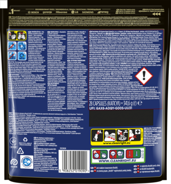 Tył opakowania kapsułek Finish Ultimate Plus do zmywarki; ciemne tło, instrukcje i ikony ostrzegawcze.