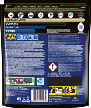 Tył czarnej torebki kapsułek Finish Ultimate Plus do zmywarek z wielojęzycznym opisem i symbolem ostrzegawczym.