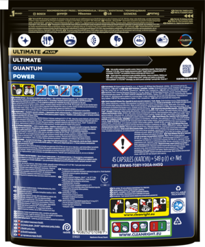 Tył opakowania Finish Ultimate Plus Quantum Power, kapsułek do zmywarki, ciemnoniebieska torba z polskimi napisami, technologią CYCLESYNC.