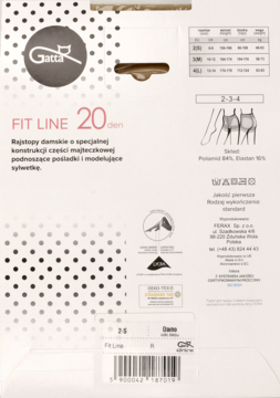 Tył opakowania rajstop Gatta Fit Line 20 den modelujących sylwetkę, z tabelą rozmiarów, składem i diagramem.