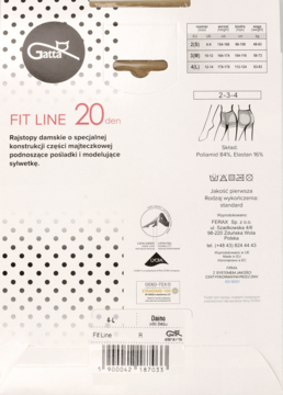 Tył białego opakowania rajstop Gatta FIT LINE 20 den, modelujących sylwetkę i podnoszących pośladki.