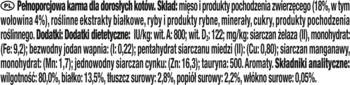 Fragment etykiety karmy GOURMET Gold dla dorosłych kotów, ze szczegółowym składem, wołowiną 4% i analizą odżywczą.