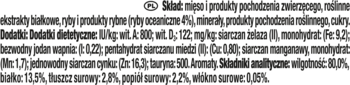 Zbliżenie na etykietę karmy GOURMET Gold Succulent Delights, ukazujące czarny tekst ze składem i analizą.