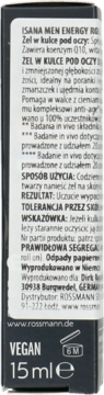 Tył czarnego opakowania żelu pod oczy Isana Men Energy Roll-On z białą etykietą, widoczne polskie napisy i informacja wegańska, 15ml.